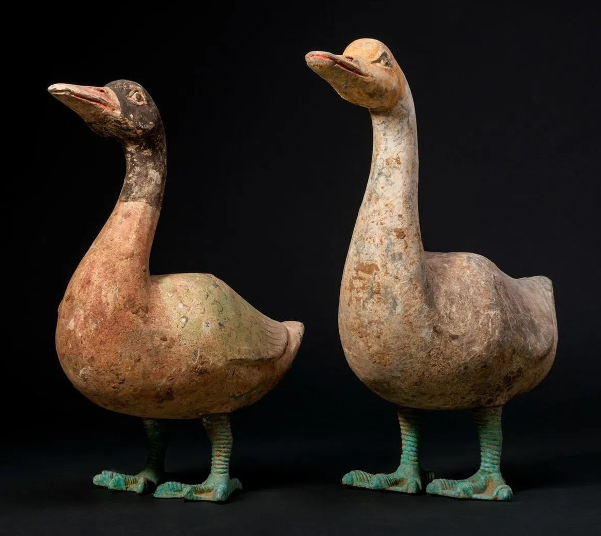F1. Pair of rather graceful Han dynasty pottery geese. With TL certificates