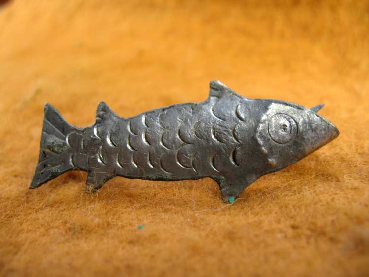 **SOLD**  Lovely tinned Roman fish brooch