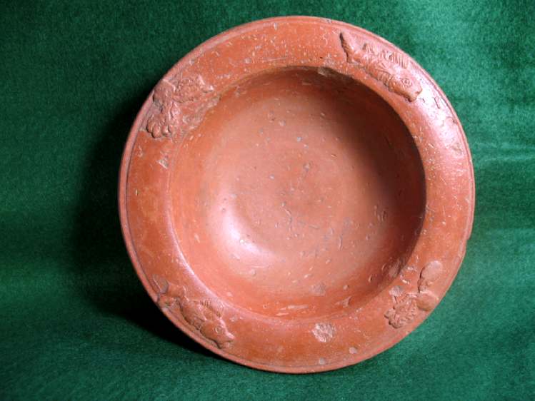 **SOLD**  Roman Redware dish with fish and octopus barbotine decoration 