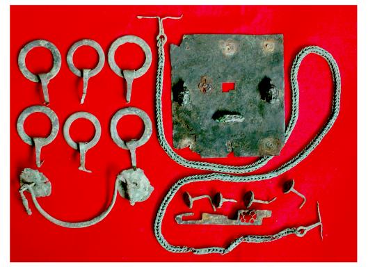 **SOLD** Large Roman bronze lock plate and pieces from wooden chest