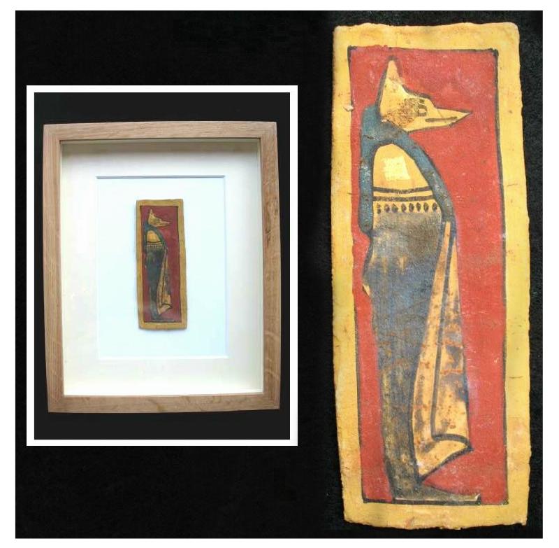 **SOLD** Nice, colourful, framed, cartonnage fragment.