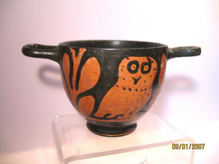 **SOLD**  Nice South Italian Greek "owl" skyphos.